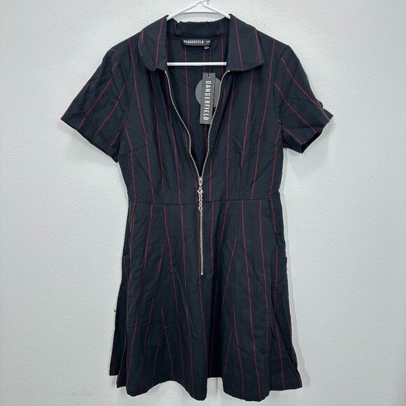 NWT Dangerfield Black and Red Striped, Zippered, A-Line Super Cute Goth Dress - Picture 2 of 13